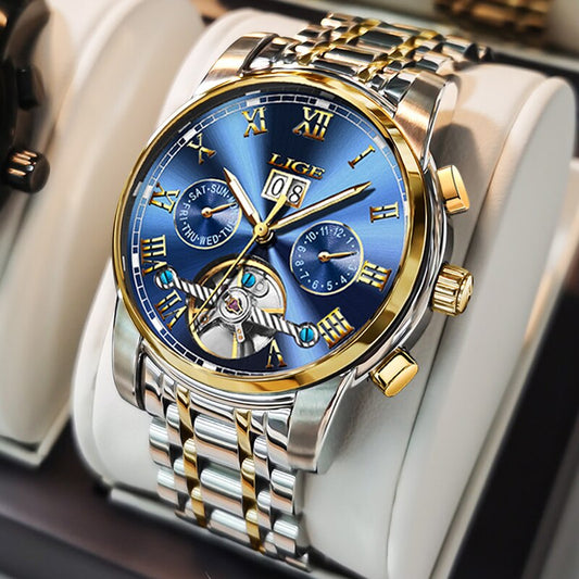 LIGE New Mechanical Watches Mens Luxury Tourbillon Automatic Watch Top